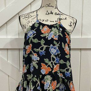 Joie S 100% Silk Black Floral Tank Top Flounce Hem